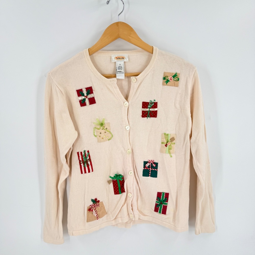 Vintage 90s Talbots Cardigan Sweater Cream S Christmas Holiday Present Applique